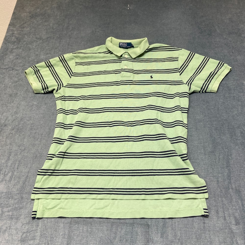 Polo by Ralph Lauren Shirt Mens Large Green Black Striped Hi Lo Hem Golf Tennis